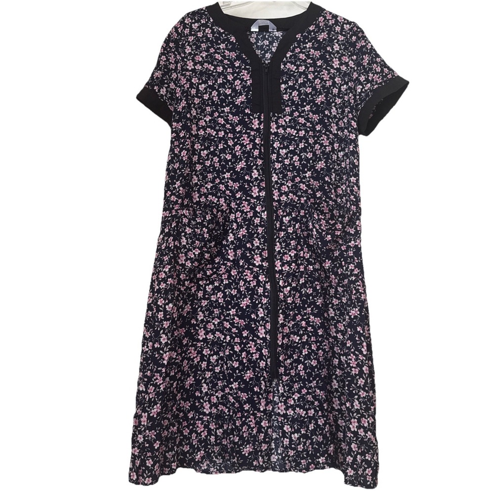 Yozly Womens Floral Zip Front House Dress Navy Pink Ditsy Print Lounger Small - Picture 7 of 8